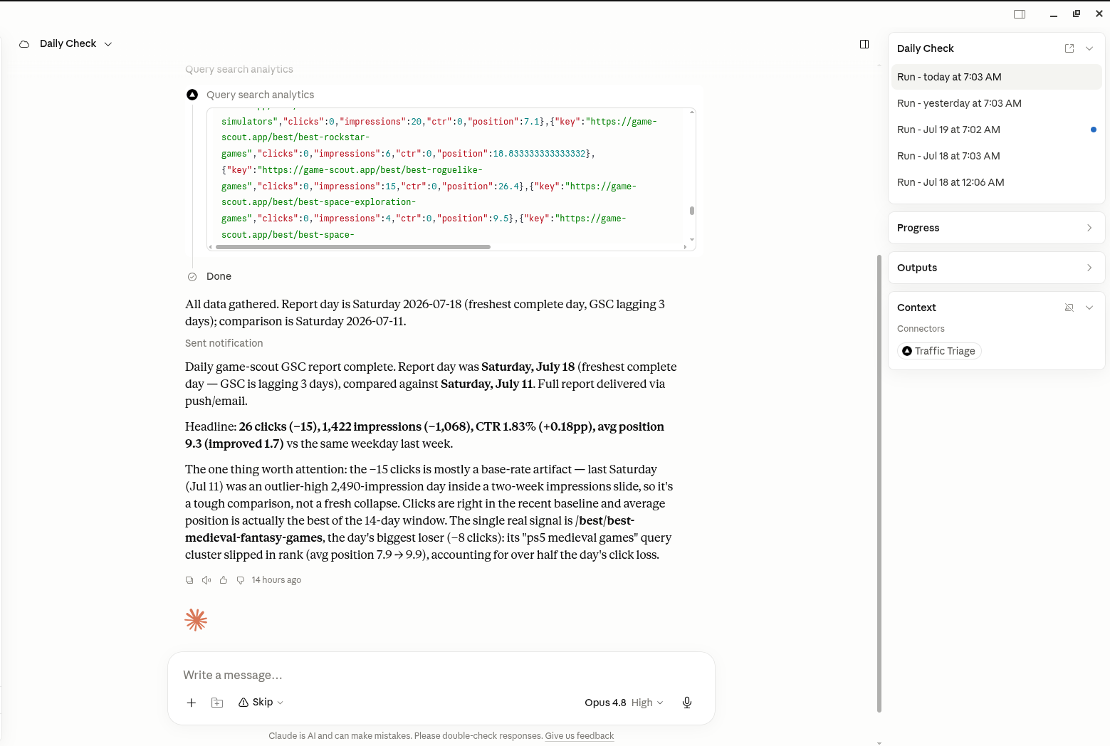 Claude running a scheduled TrafficTriage daily check: a Search Console report on a real site, summarized with clicks, impressions, and the one query cluster that lost rank